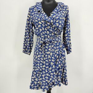 Sézane Asianne Wrap Mini Dress Blue Ivory Size 36, US 4